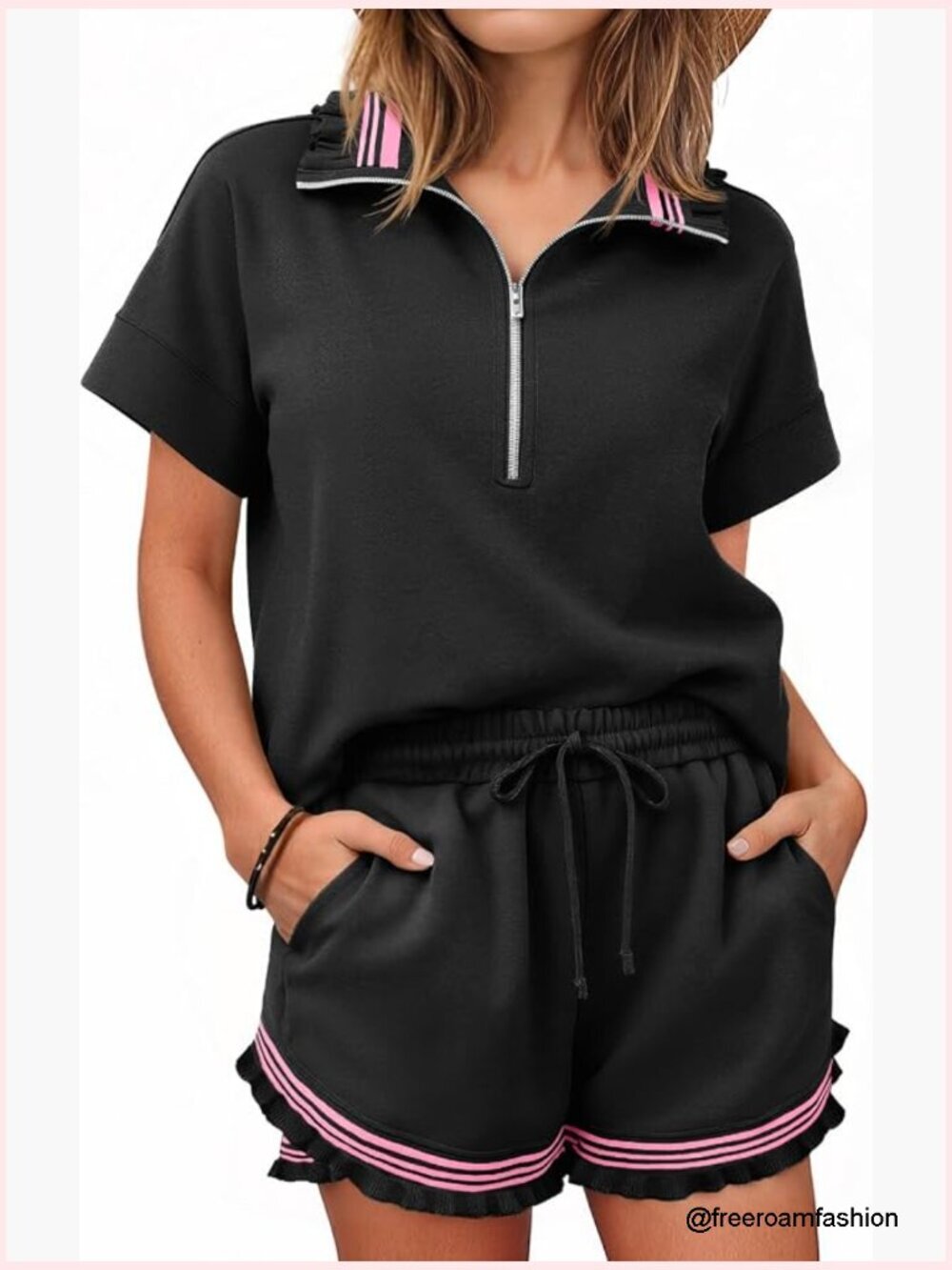 Women's 2 Piece Short Set Half Zip Ruffle Top High Waist Shorts